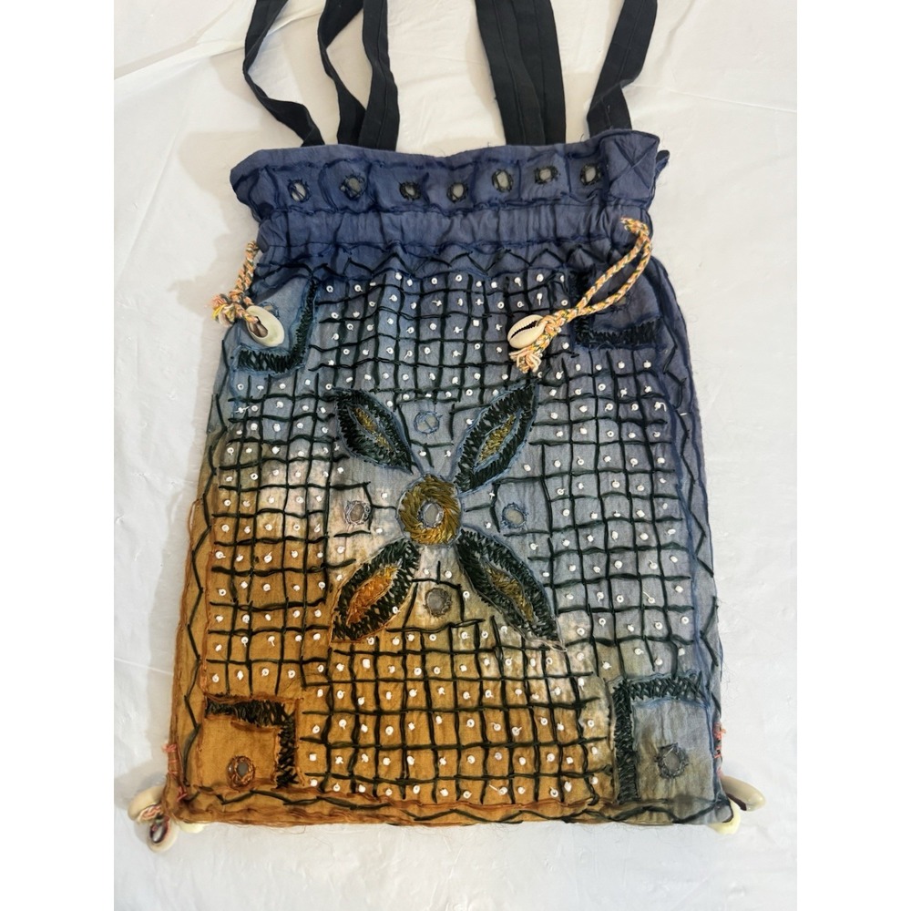Boho Hippie Shoulder Bag Cowrie Puka Shell Mirror Embroidered Festival Vintage